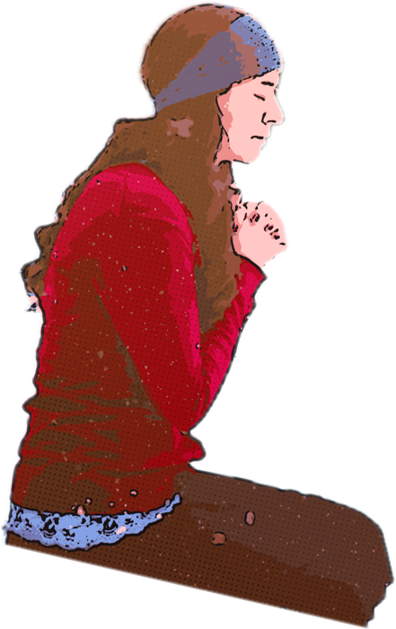 A woman kneeling in prayer, set free